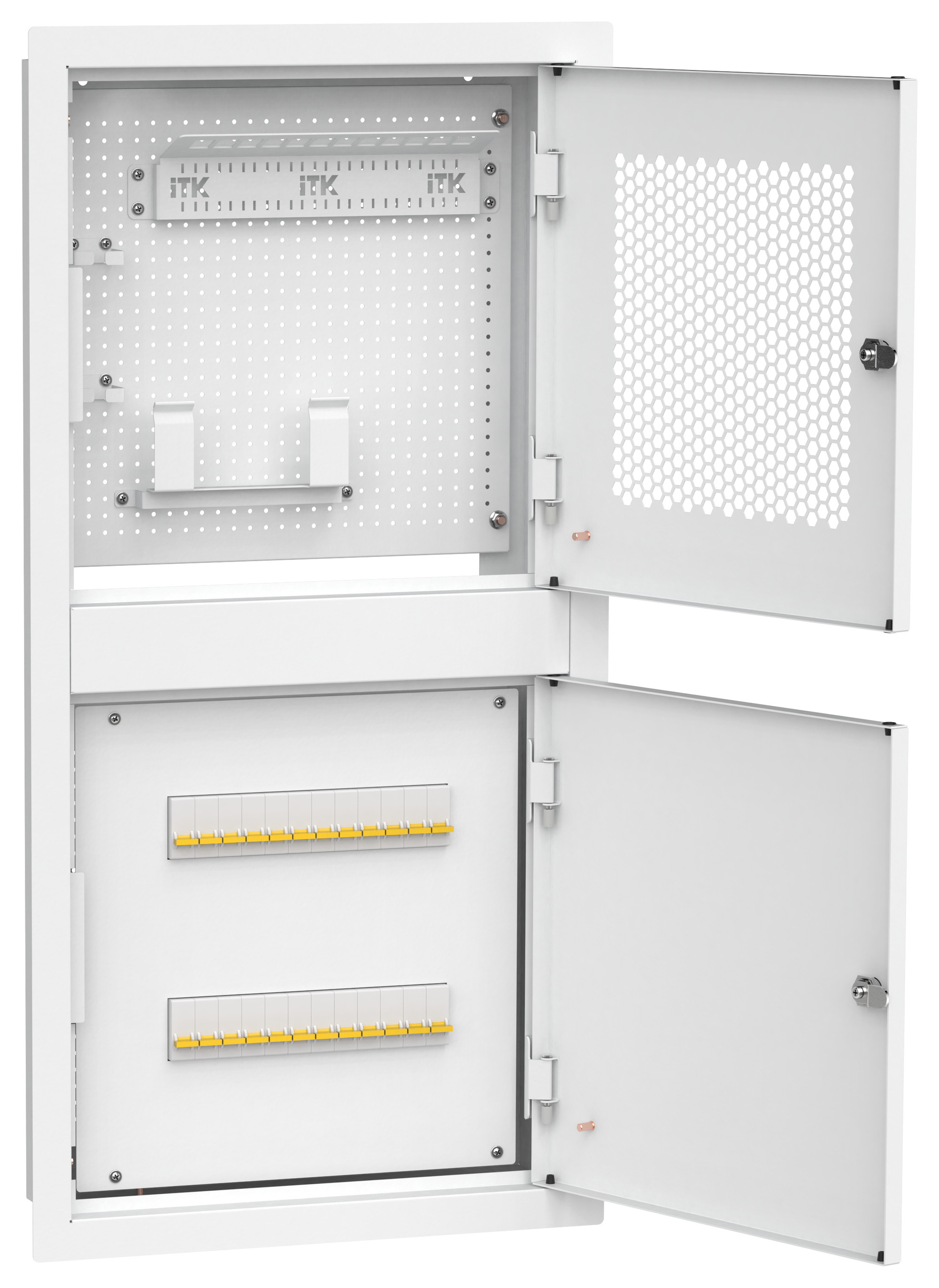 Шкаф LINEA R встраиваемый двухсекционный 2 комнаты 400х850мм дверь металлическая белый (в комплекте 12 модулей keystone 2 розетки 5 патч-кордов (02м) 1 делитель ТВ сигнала (1 вход 3 выхода) 1 телефонный разветвитель)