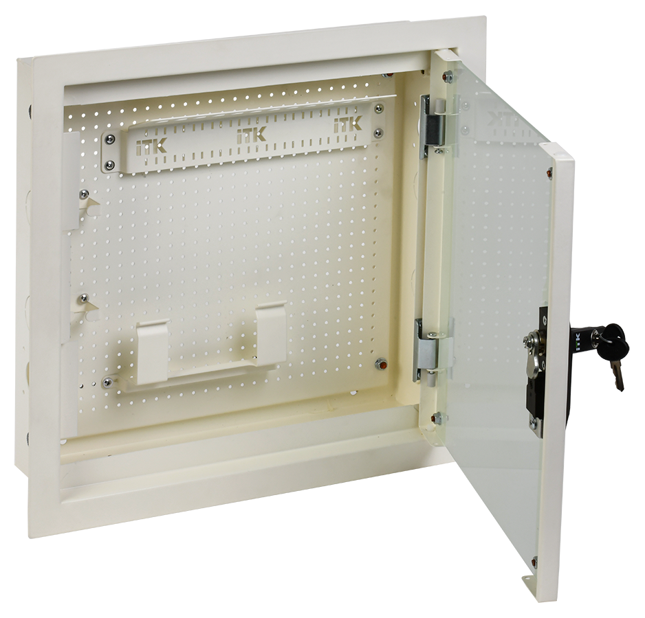 Шкаф мультимедиа LINEA R 3 комнаты 400х400мм дверь стекло цвет белый RAL9016 (в комплекте корпус. дверь. держатель роутера. патч-панель. кольца для организации кабеля. 2 провода заземления. 4 болта для монтажа в нише. 6 сальников. 12 модулей keystone. 2 р