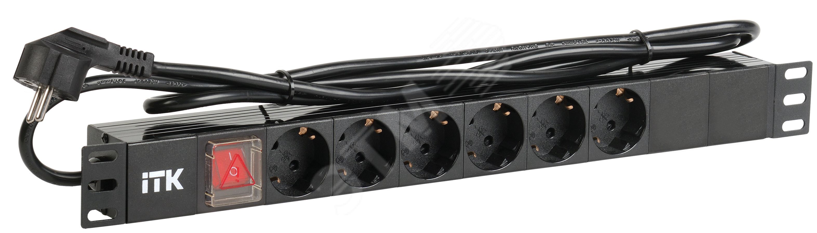 PDU 6 розеток DIN49440 (нем. станд.) с LED выключателем, 1U, шнур 2м вилка DIN49441 (нем. станд.), профиль из ПВХ, черный