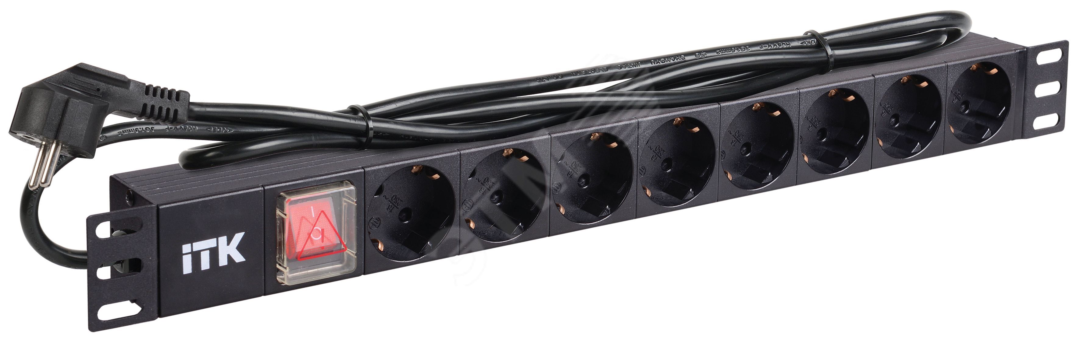 PDU 8 розеток нем. стандарт, с LED выключателем, 1U, шнур 2м вилка нем. стандарт, алюминиевый профиль