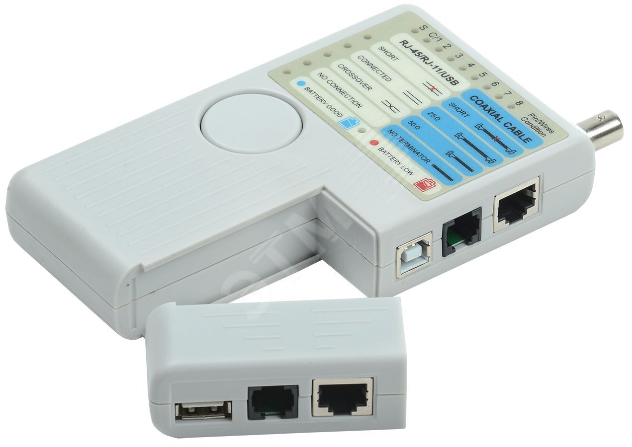 Изображение товара Тестер для витой пары 4в1 RJ45/RJ11/BNC/USB с элементом питания (шт) Изображение товара Тестер для витой пары 4в1 RJ45/RJ11/BNC/USB с элементом питания (шт)