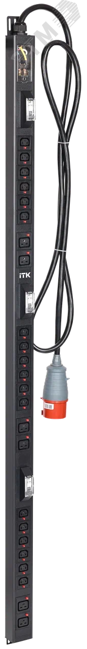 Изображение товара Блок распределения питания вертикальный BASE 38U 3фазы 32А 18 розеток C13 + 6 розеток C19 кабель 3м вилка IEC60309 (промышленная) (шт)
