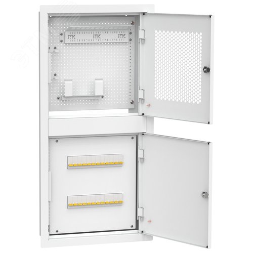 Изображение товара Шкаф LINEA R встраиваемый двухсекционный 3 комнаты 400х850мм дверь металлическая белый (в комплекте 12 модулей keystone 2 розетки 7 патч-кордов (02м) 1 делитель ТВ сигнала (1 вход 4 выхода) 1 телефонный разветвитель) (шт)