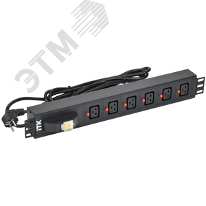 Изображение товара Блок распределения питания ITK PDU 6 розеток C19 с фиксатором вилки с автоматом на 16А 1.5U кабель 3м вилка немецкий стандарт алюминиевый профиль черный (шт)