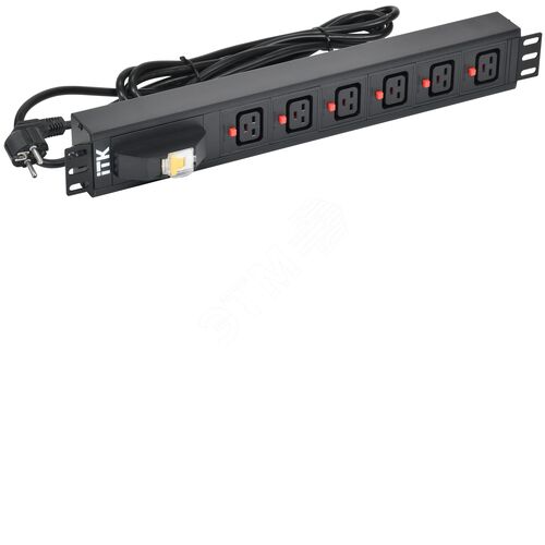 Изображение товара PDU 6 розеток C19 с фиксатором вилки с автоматом на 16А 1,5U кабель 3м вилка немецкий стандарт алюминиевый профиль черный (шт)