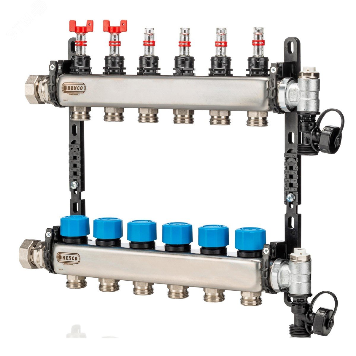 Изображение товара Коллектор из нержавеющей стали, регулируемый расходомер, воздухоотводчик, дренаж и клапан заполнения, 1” - 5X3/4” (шт)