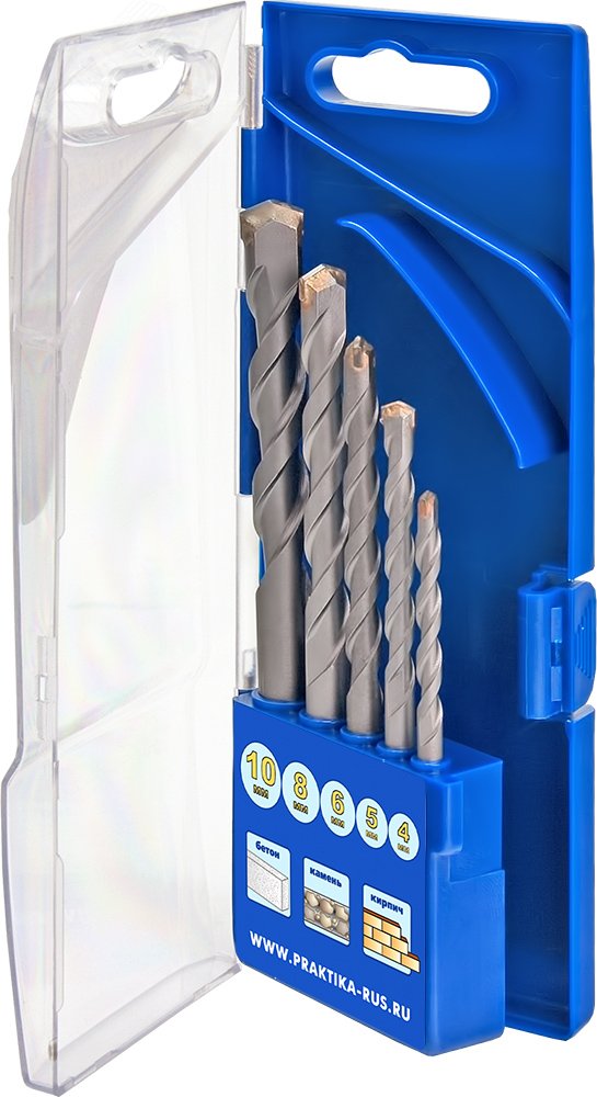 Изображение товара Набор сверл по бетону Профи 5 шт, диаметр 4,5 6 8 10 мм, с кассетой