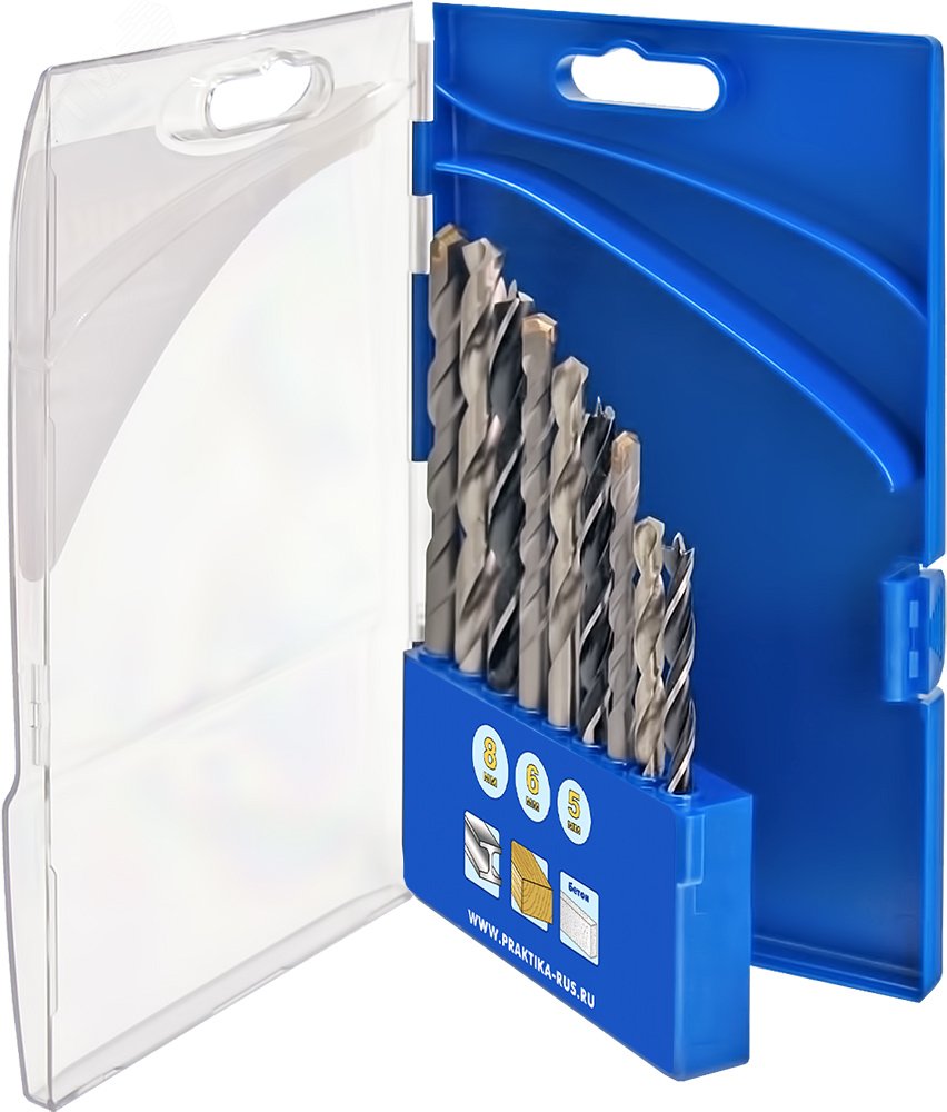 Изображение товара Набор сверл комбинированный Практика, 9 шт, для металла, бетона и дерева