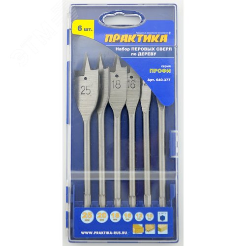 Изображение товара Набор сверл перовых, Профи, 6 шт, 10, 12, 16, 18, 20, 25 мм, ПРО кассета (шт)