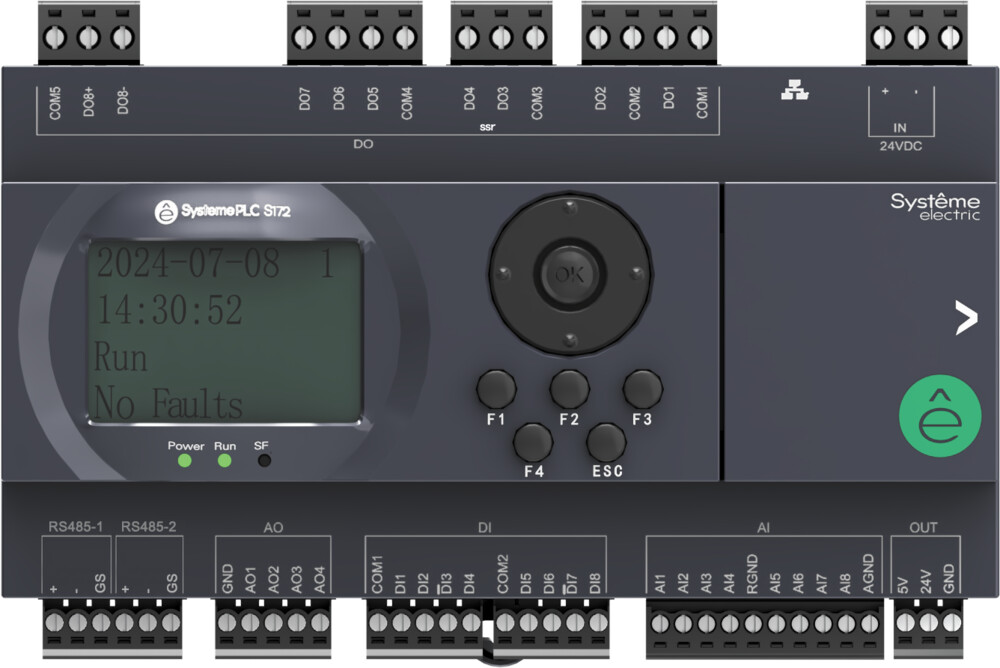 Контроллер логический программируемый S172, 24 VDC, дисплей, до 7 модулей расширения, 28 IO: 8 дискретных входов, 8 дискретных выходов (6 реле, 3 A и 2 SSR), 8 аналоговых входов (NTC10K, PT1000, PT100, 0-10 V, 4-20 mA), 4 аналоговых выхода (0-10 V, 4-20 m