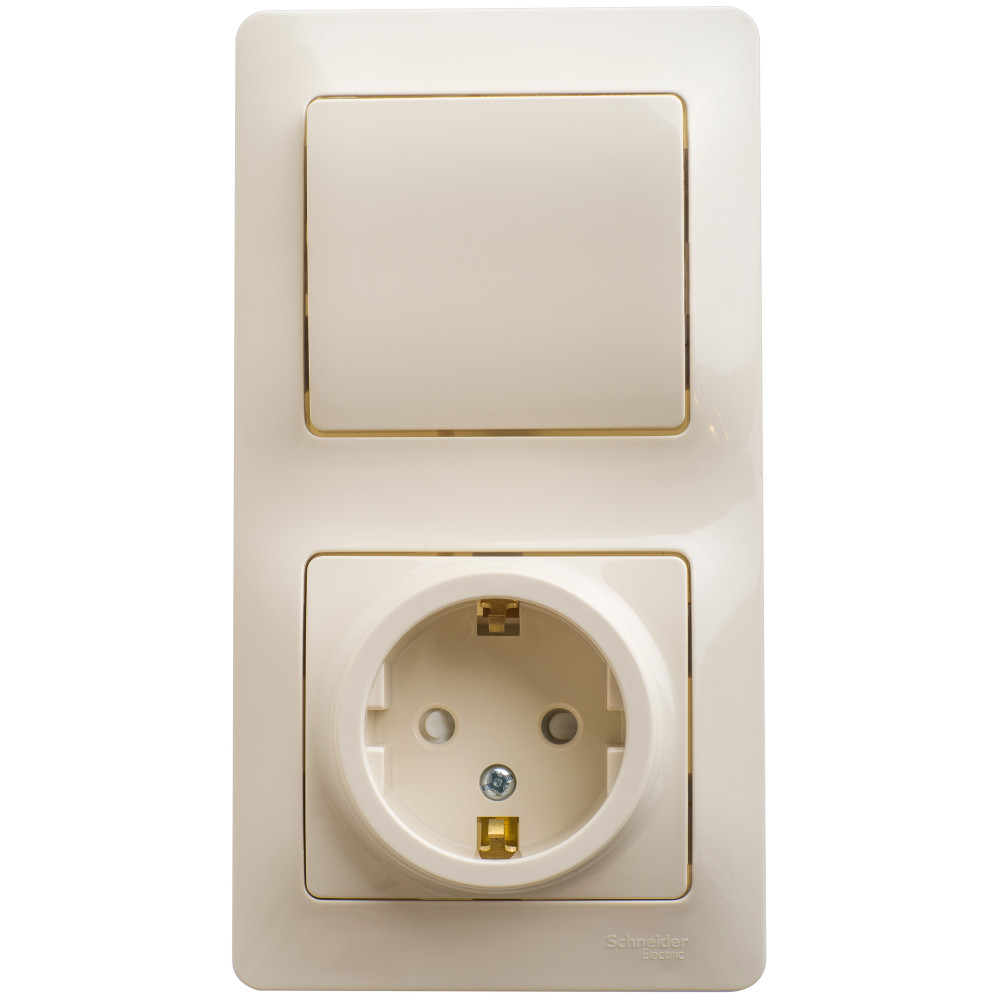 Блок: розетка с заземлением со шторками + выключатель одноклавишный бежевый