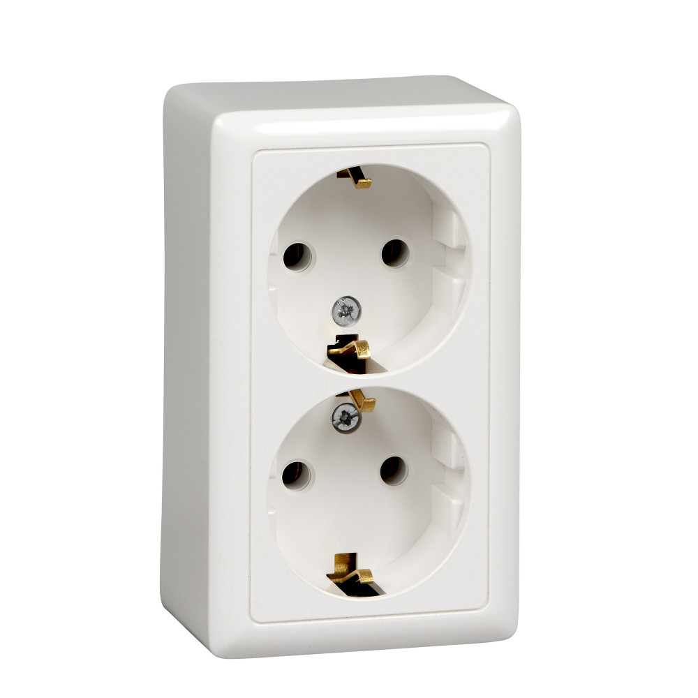 ХИТ Розетка двойная наружная белая с заземлением без шторок изолирующая пластина 16А 250В