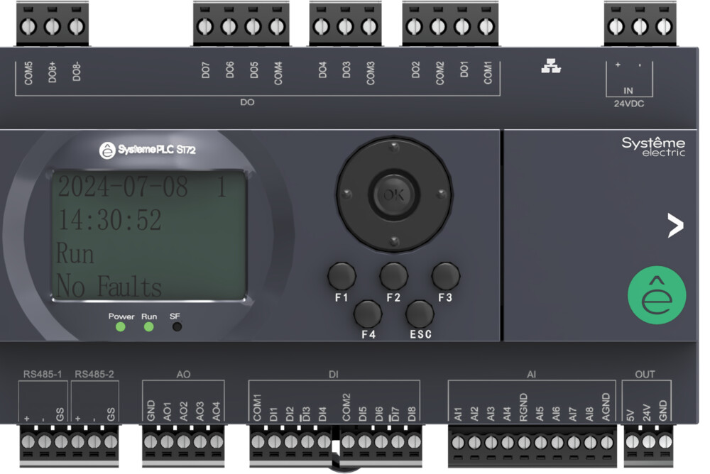 Контроллер логический программируемый S172, 24 VDC, дисплей, до 7 модулей расширения, 28 IO: 8 дискретных входов, 8 дискретных выходов (транзистор), 8 аналоговых входов (NTC10K, PT1000, PT100, 0-10 V, 4-20 mA), 4 аналоговых выхода (0-10 V, 4-20 mA), 2xRS4