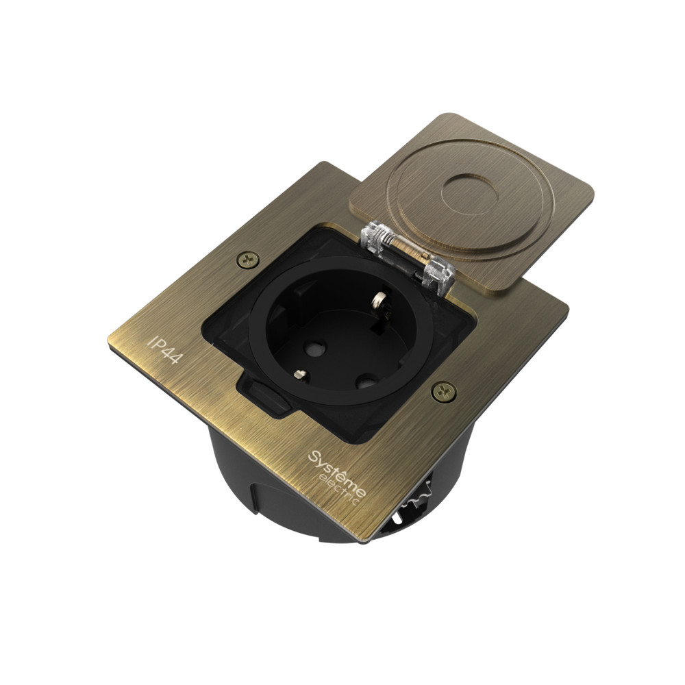 Лючок MultiDeS с розеткой 2К+З 16А/250В IP44 с монтажной коробкой для стены фальшпола стола Античная латунь тип MDK21