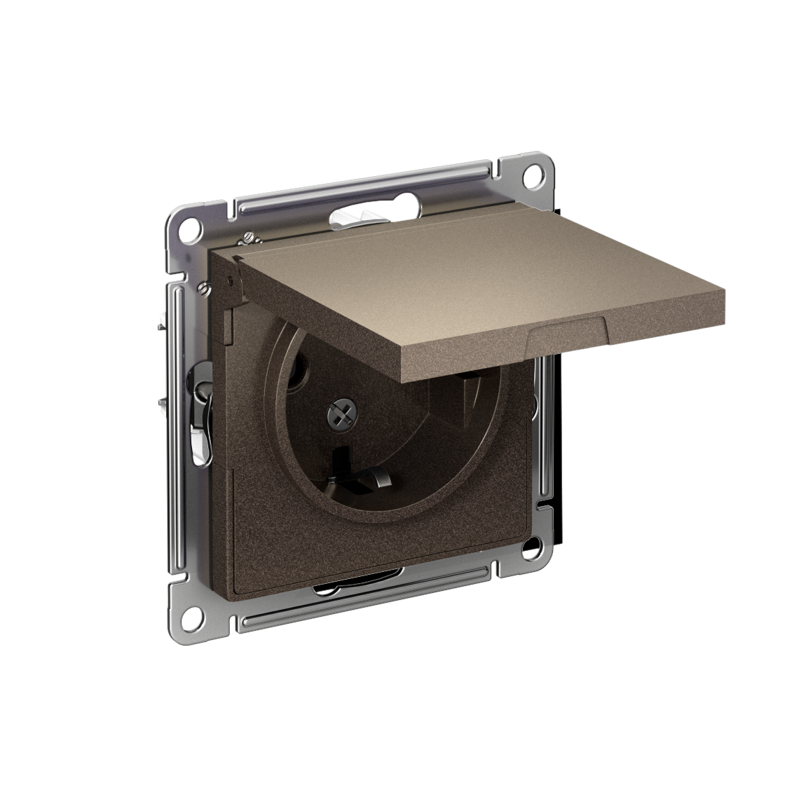 Розетка ATLASDESIGN с заземлением со шторками с крышкой 16А IP20 механизм мокко