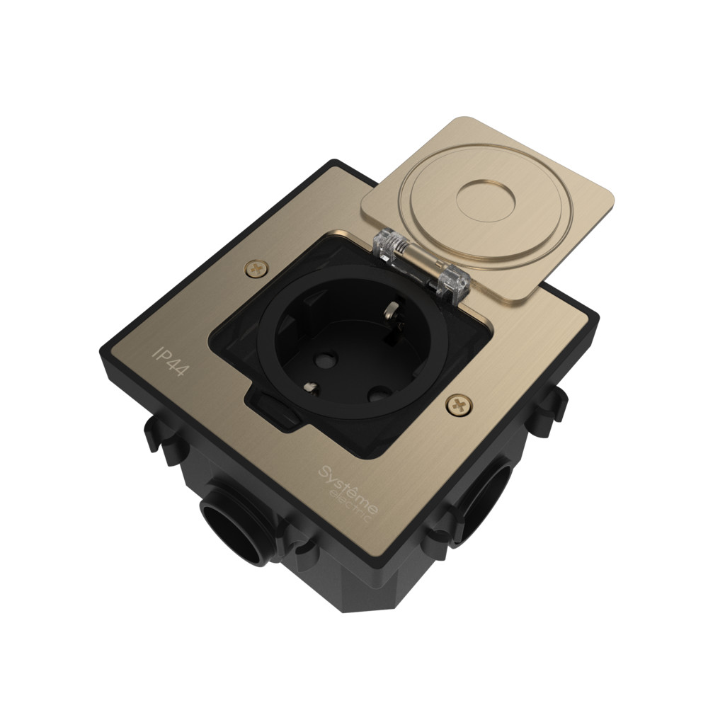 Лючок MultiDeS с розеткой 2К+З 16А/250В IP44 с монтажной коробкой для бетонных полов Никель тип MDK21