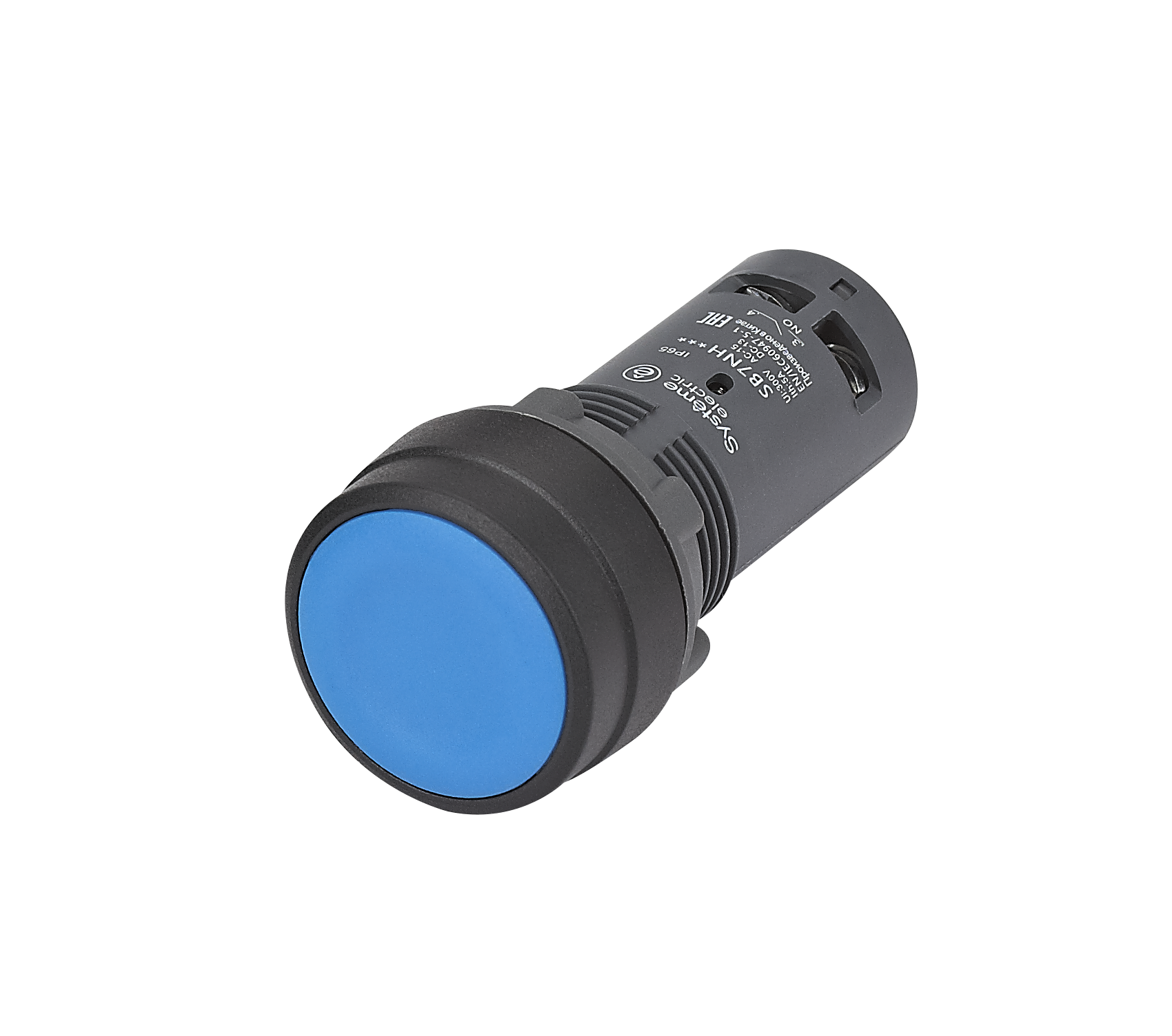 Кнопка моноблочная 22мм синяя с фиксацией, пластик, 1НО+1НЗ, IP65 SB7