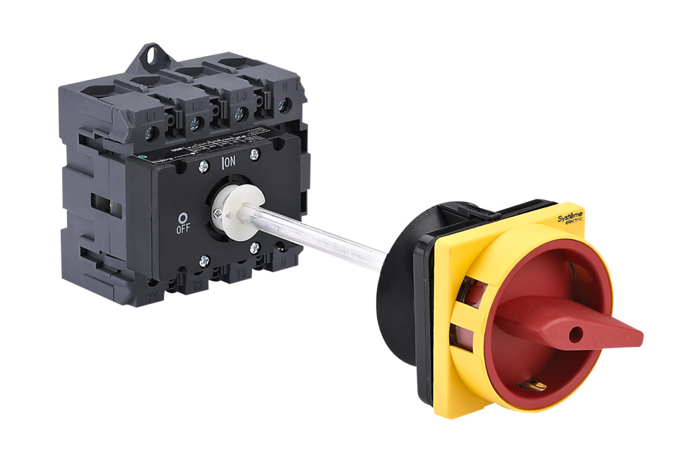 Выключатель-разъединитель 4P 100A IP20 С КРАСНОЙ ВЫНОСНОЙ РУКОЯТКОЙ НА ДИН-РЕЙКЕ/ПЛАТЬЕ С ЗАМКОМ