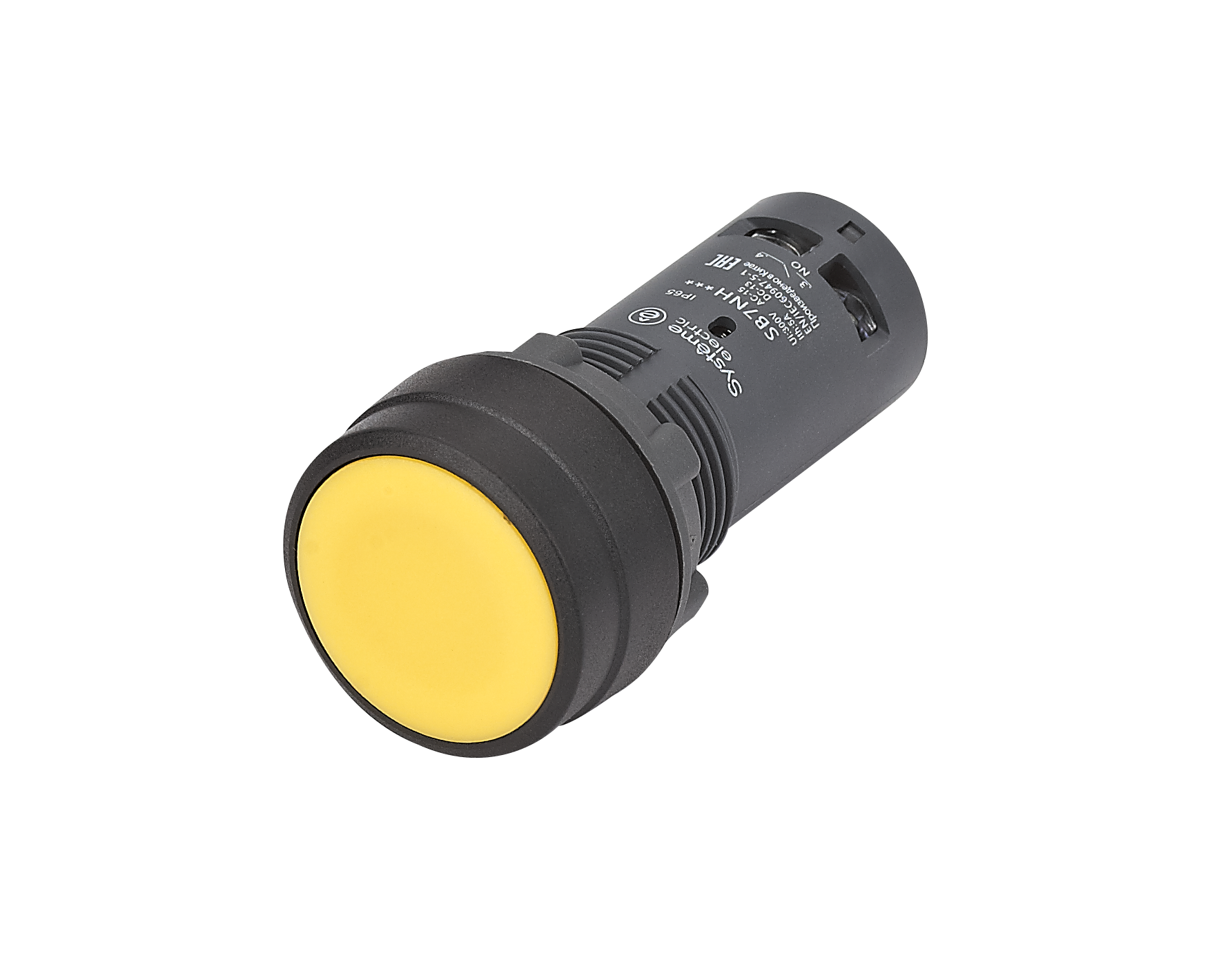 Кнопка моноблочная 22мм желтая с фиксацией, пластик, 1НО, IP65 SB7