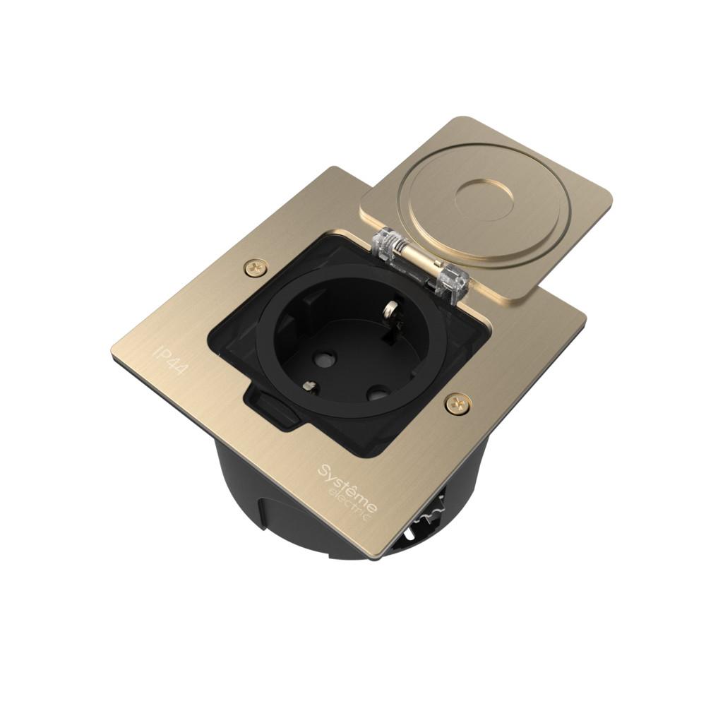 Лючок MultiDeS с розеткой 2К+З 16А/250В IP44 с монтажной коробкой для стены фальшпола стола Никель тип MDK21