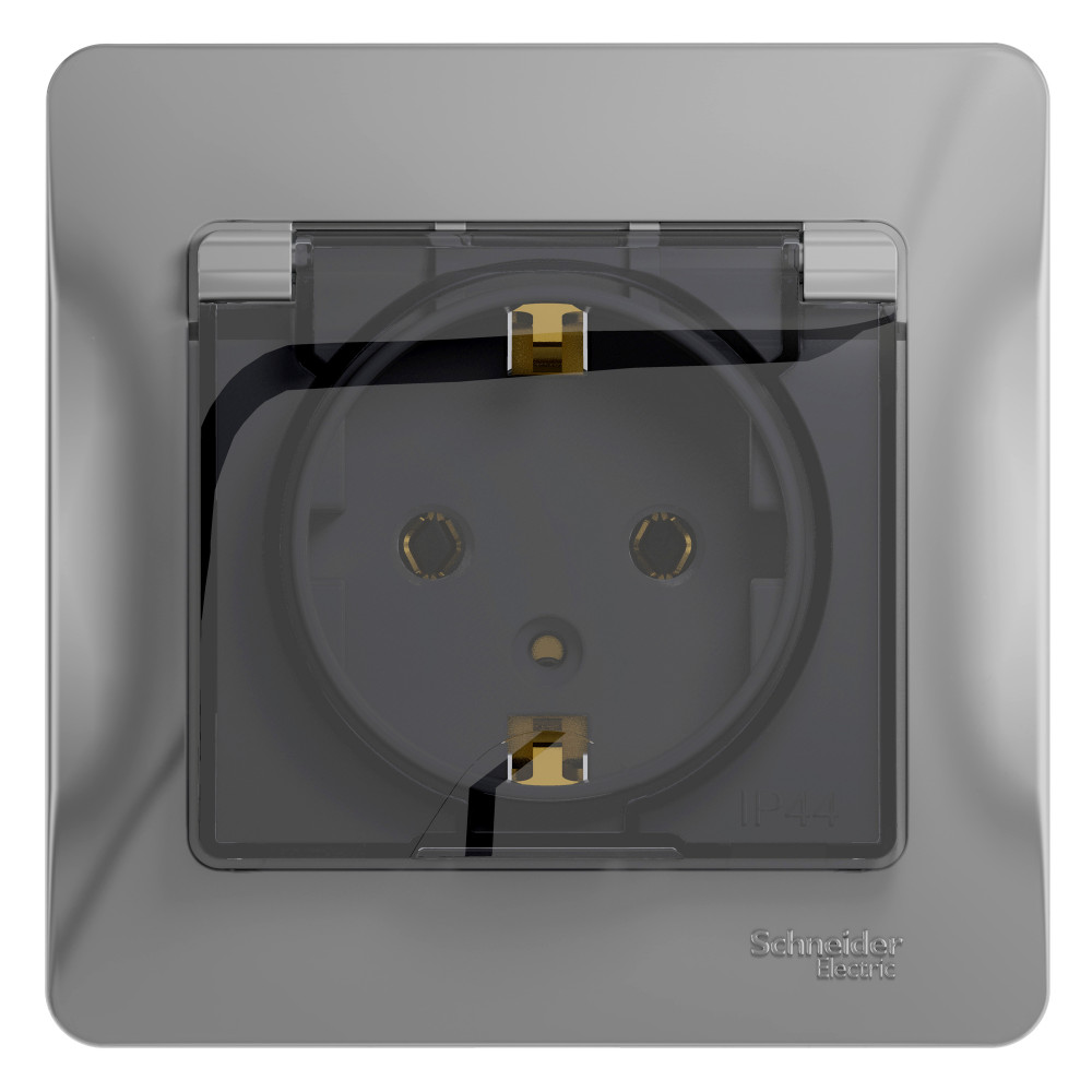 GLOSSA Розетка с заземлением со шторками с крышкой алюминий в сборе IP20