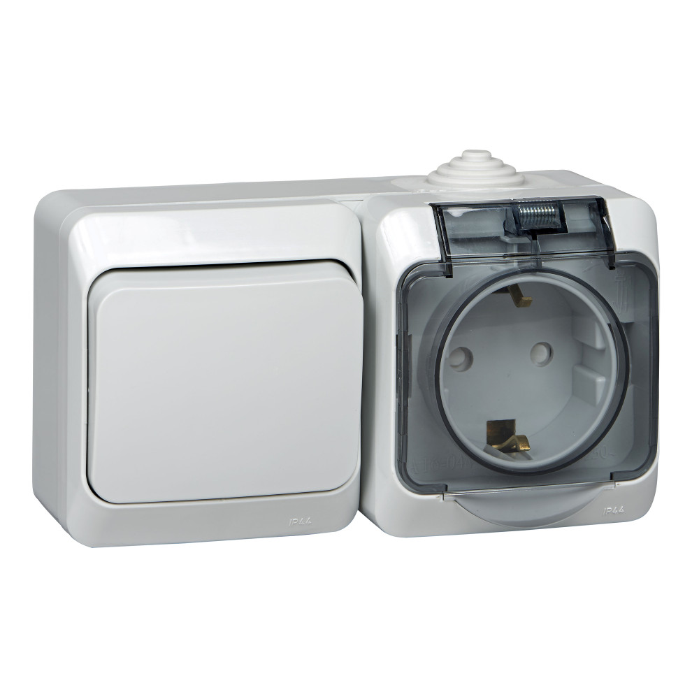 ЭТЮД Блок Переключатель одноклавишный/Розетка наружная с заземлением со шторками IP44 серый