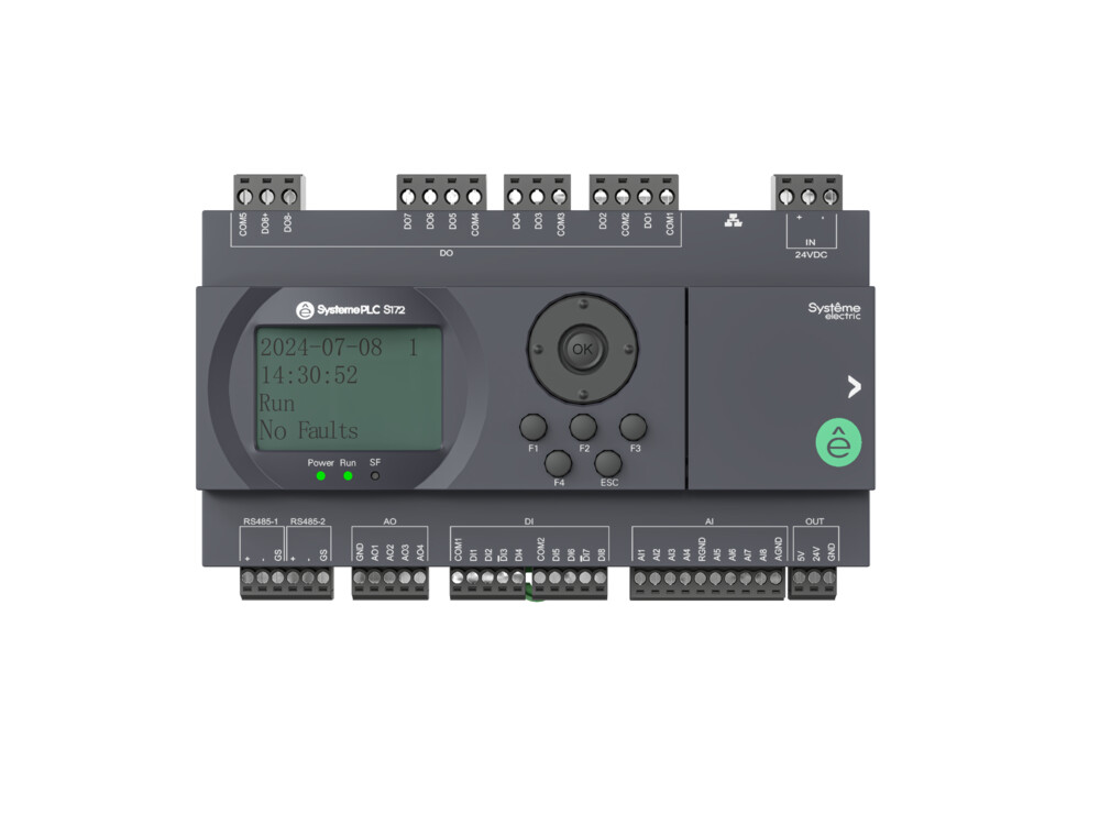 Контроллер логический программируемый S172, 24 VDC, дисплей, до 7 модулей расширения, 28 IO: 8 дискретных входов, 8 дискретных выходов (реле, 3 A), 8 аналоговых входов (NTC10K, PT1000, PT100, 0-10 V, 4-20 mA), 4 аналоговых выхода (0-10 V, 4-20 mA), 2xRS48