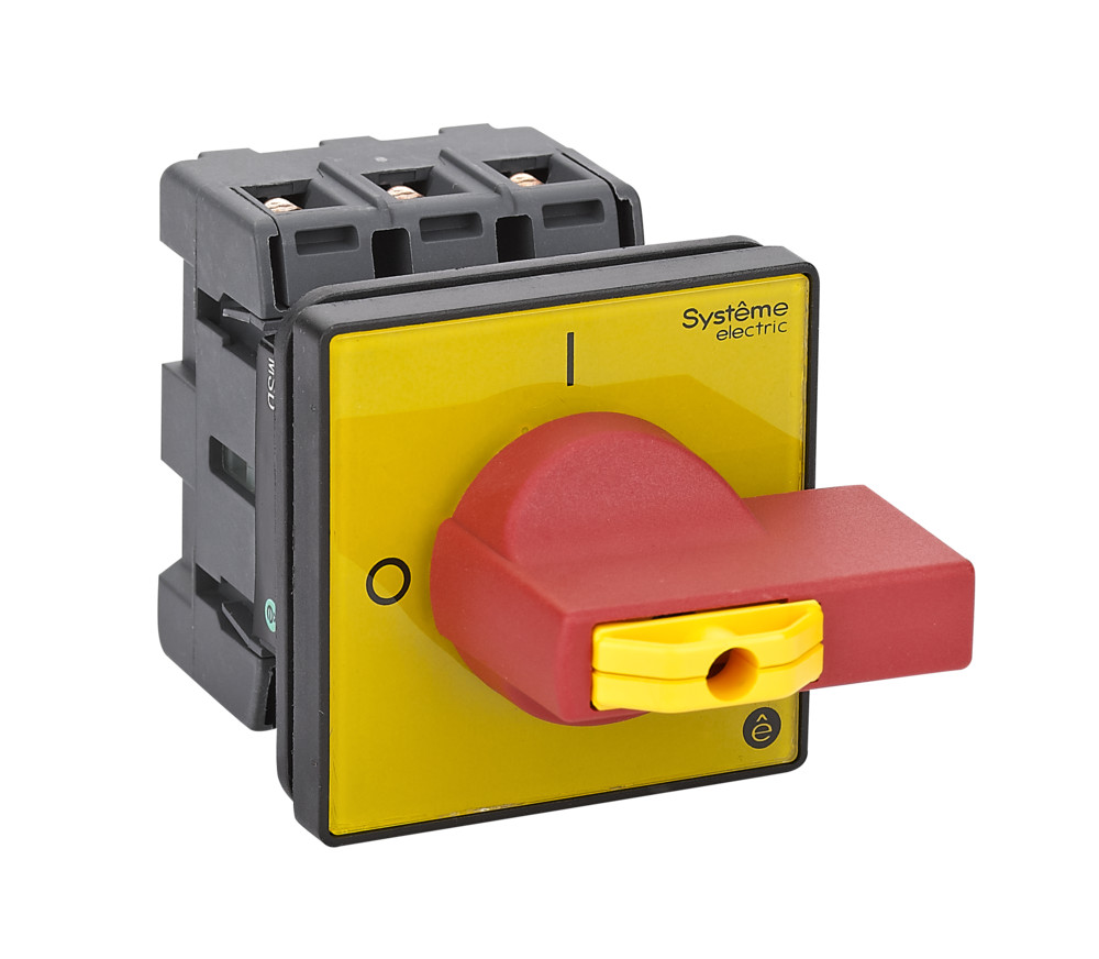 ВЫКЛЮЧАТЕЛЬ-РАЗЪЕДИНИТЕЛЬ 3P 63A IP20 С КРАСНОЙ РУКОЯТКОЙ НА ДВЕРЦУ 4 ВИНТА 1 ЗАМОК