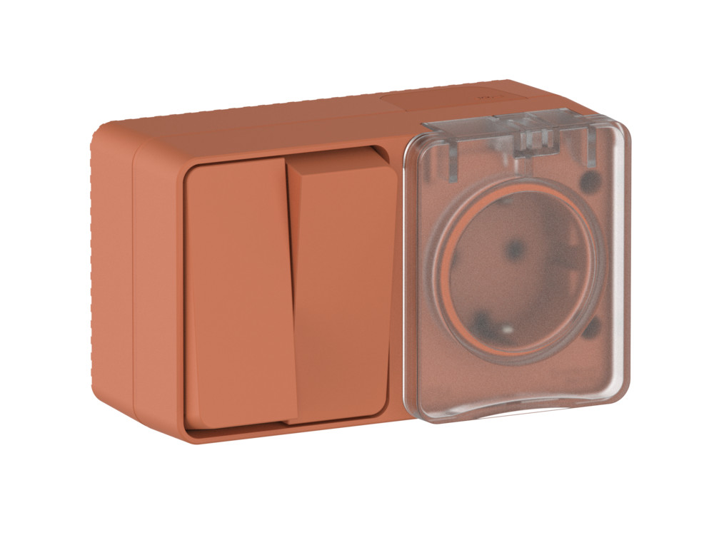 AtlasDesign PROFI IP54 О/У БЛОК: РОЗ. з/к со шт. 16А, ВЫКЛ.2-клав.10А, ТЕРРАКОТОВЫЙ