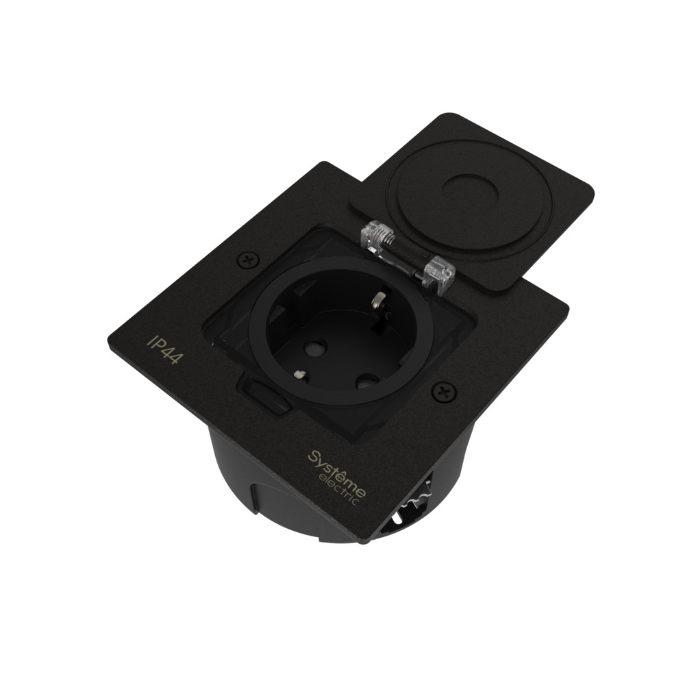 Лючок MultiDeS с розеткой 2К+З 16А/250В IP44 с монтажной коробкой для стены фальшпола стола Чёрный матовый тип MDK21