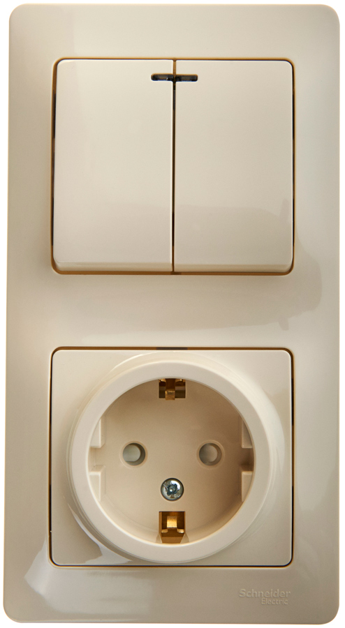 Блок: розетка с заземлением со шторками + выключатель двухклавишный с подсветкой бежевый