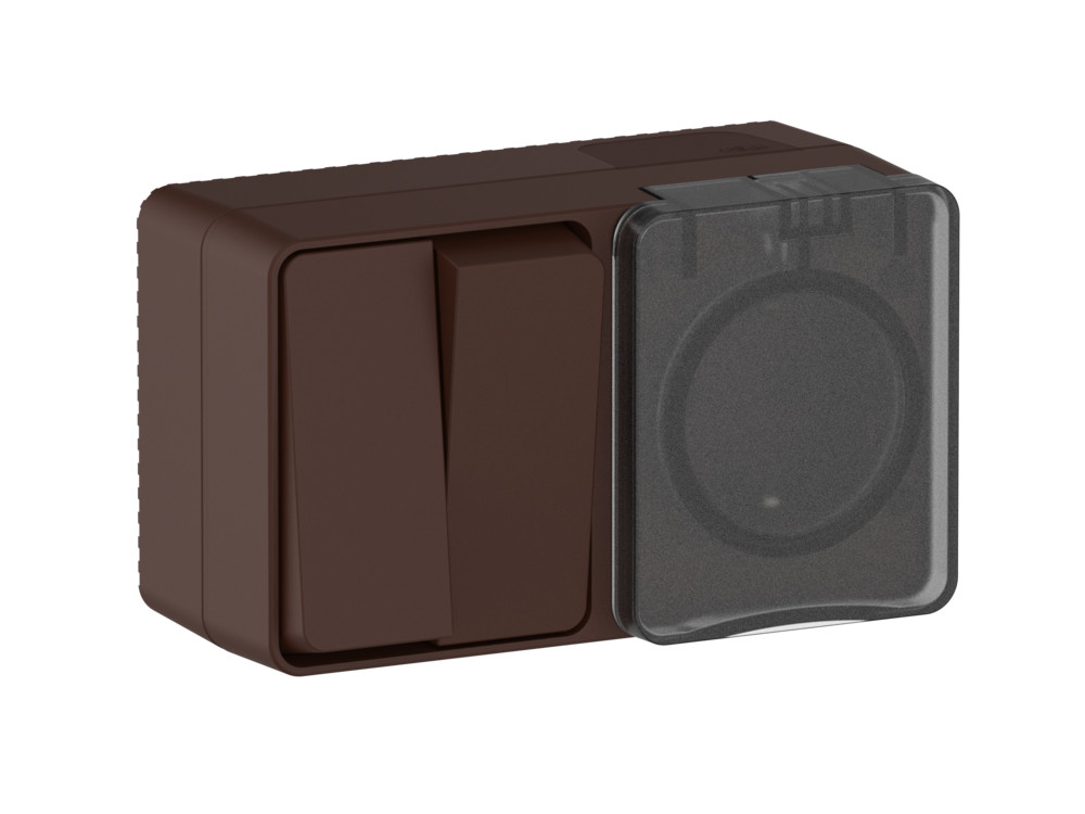 AtlasDesign PROFI IP54 О/У БЛОК: РОЗ. з/к со шт. 16А, ВЫКЛ.2-клав.10А, КОРИЧНЕВЫЙ