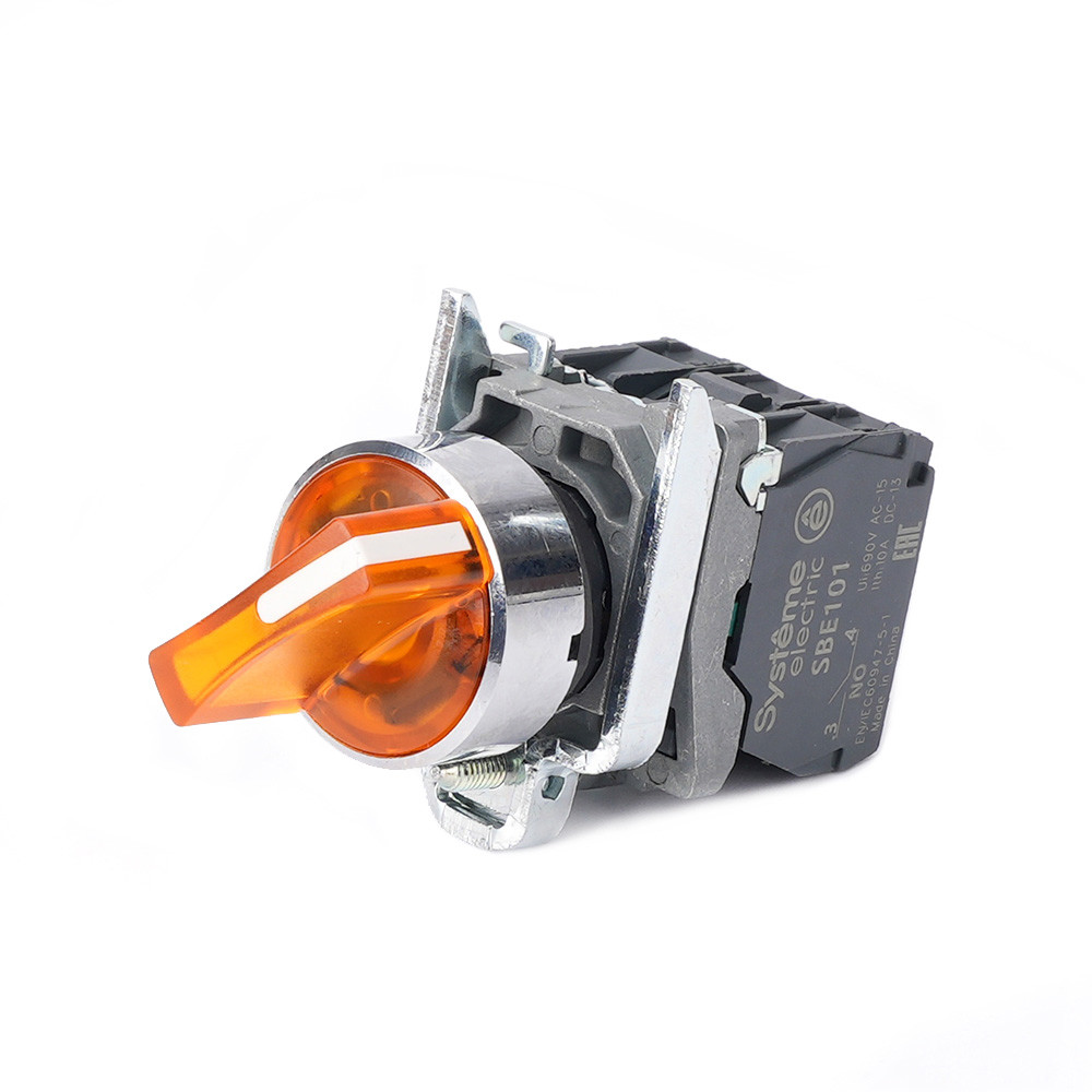 Переключатель SB4 с подсвет в сборе 22мм 3поз желт с фикс металл 24В DC 1НО+1НЗ