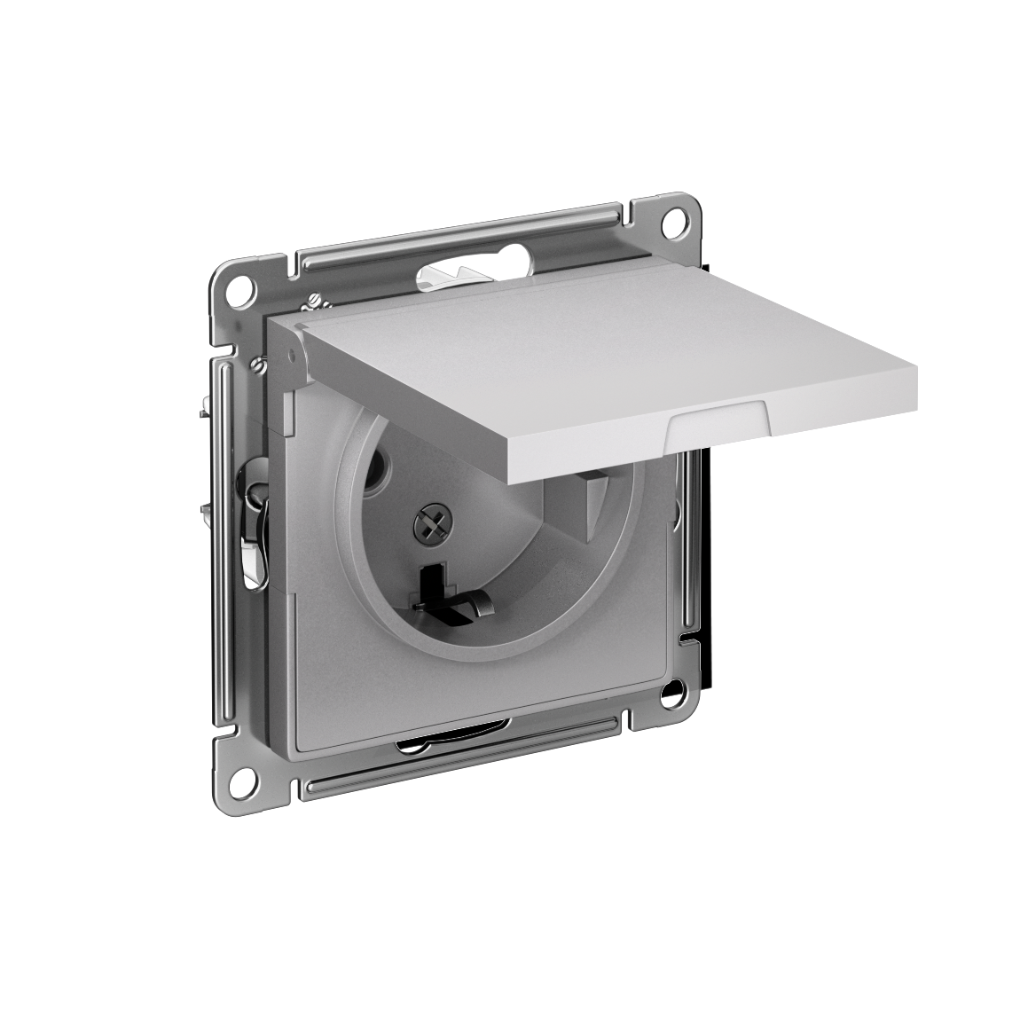 Розетка ATLASDESIGN с заземлением со шторками с крышкой 16А IP20 механизм алюминий