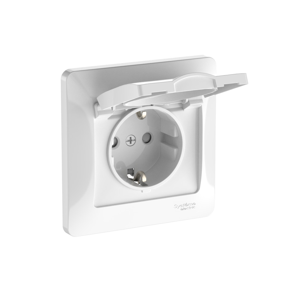 GLOSSA РОЗЕТКА с заземлением со шторками с крышкой, 16А, IP20, в сборе, быстрозажимные клеммы, БЕЛЫЙ