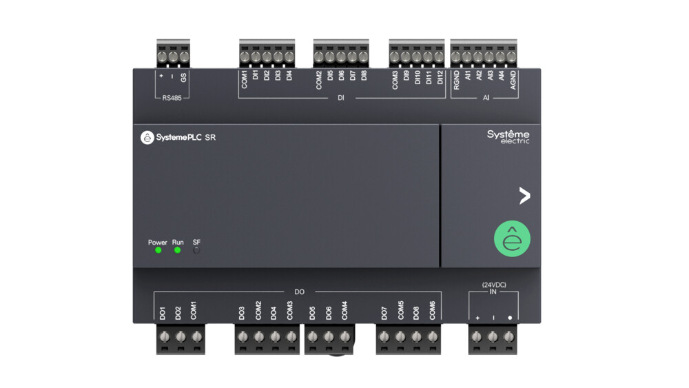 Реле интеллектуальное SR1, 24 VDC, без дисплея, без возможности расширения, 24 IO: 12 дискретных входов, 8 дискретных выходов (реле, 3 A), 4 аналоговых входа (NTC10K, PT1000, PT100, 0-10 V, 4-20 mA), 1xRS485, 1xUSB (Type C)