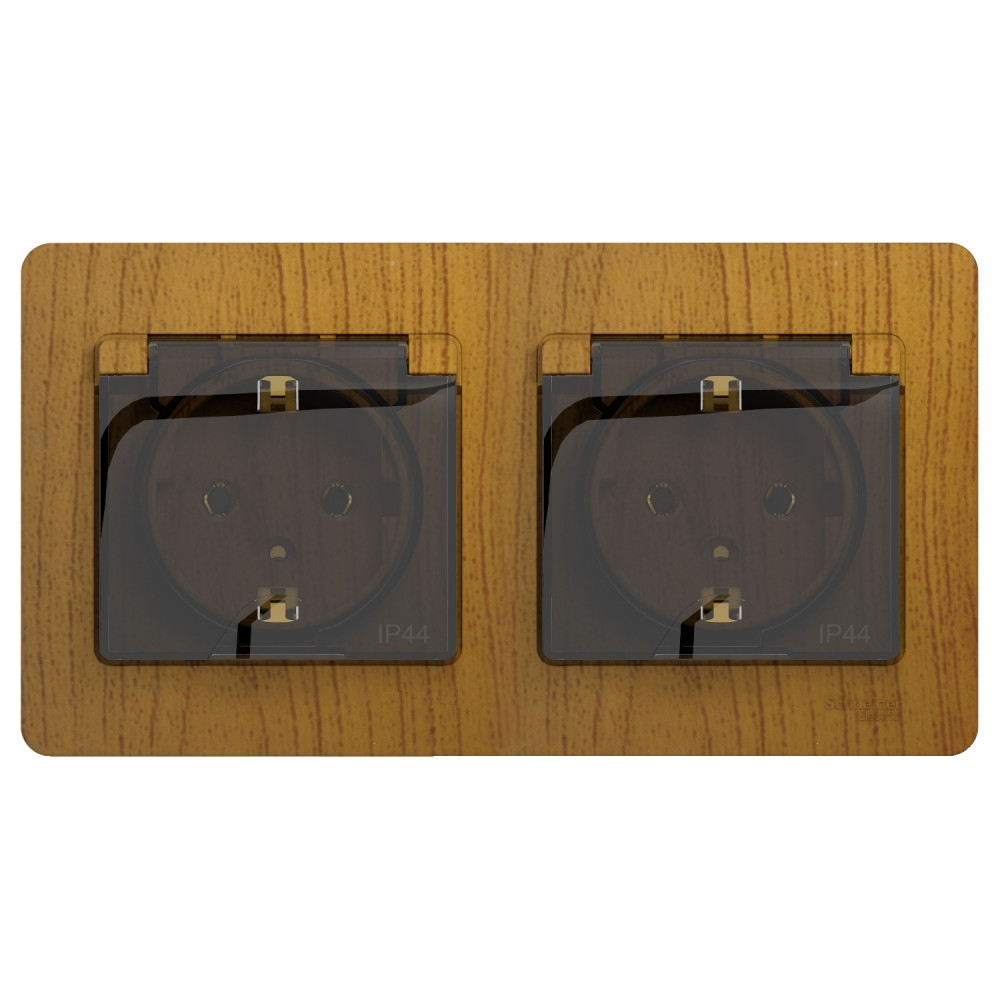 Розетка GLOSSA двойная с заземлением со шторками в сборе IP44 дуб