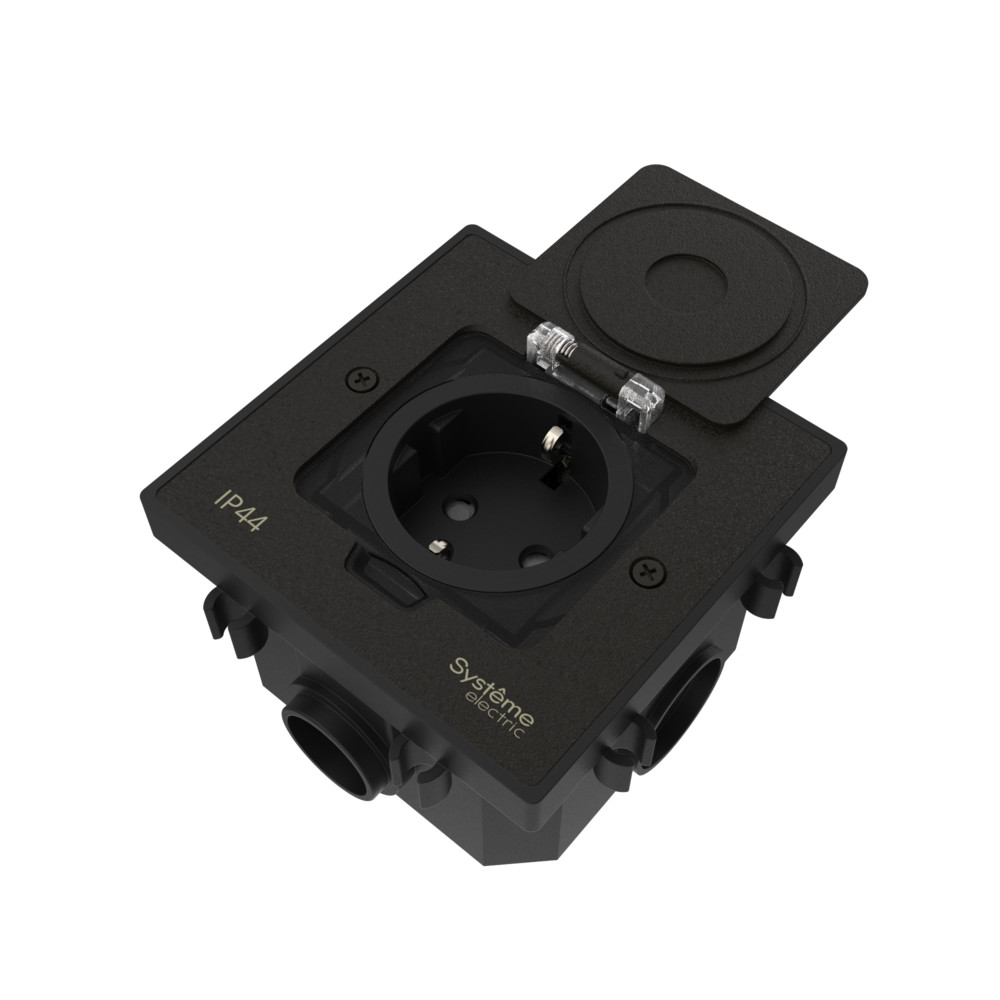 Лючок MultiDeS с розеткой 2К+З 16А/250В IP44 с монтажной коробкой для бетонных полов Чёрный матовый тип MDK21