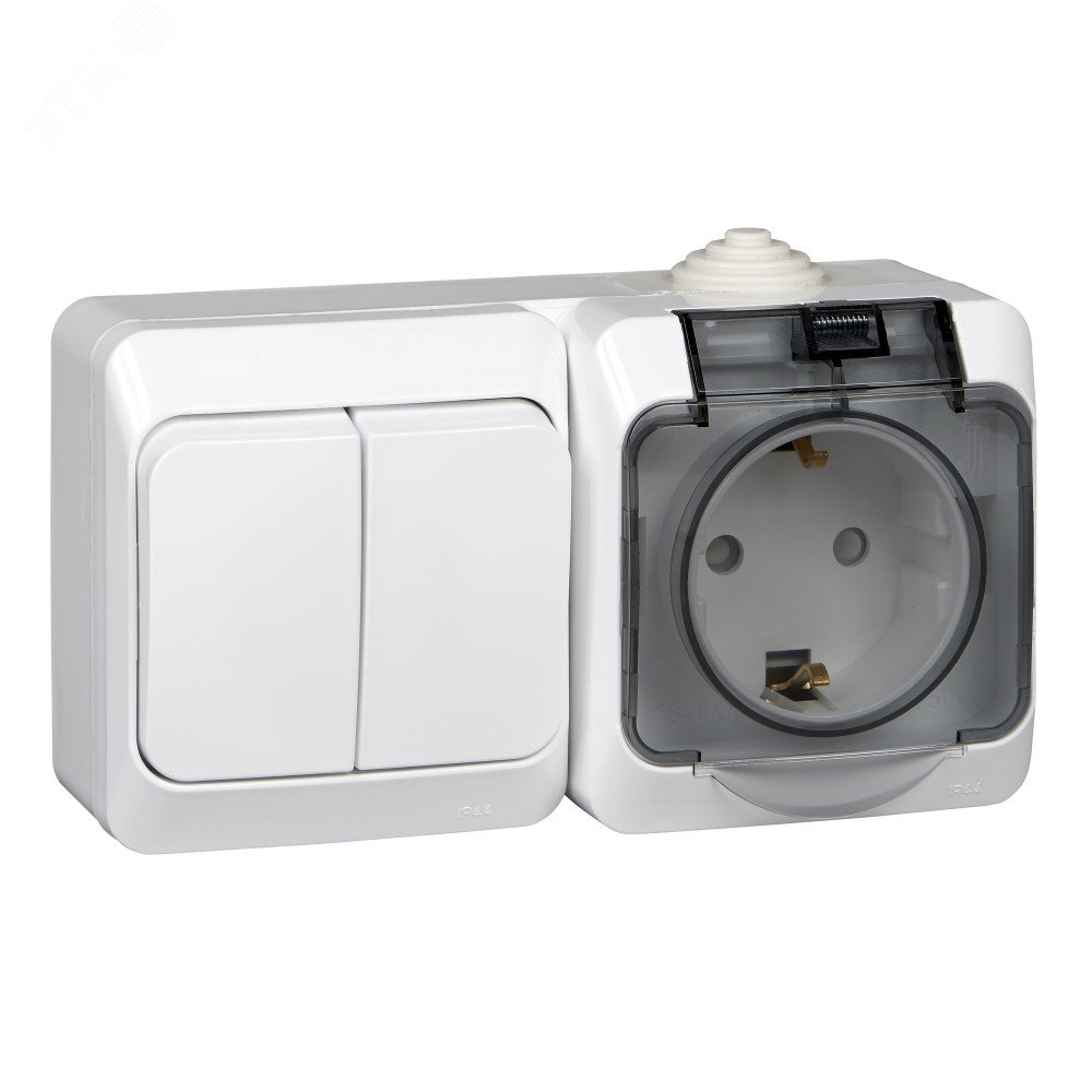 ЭТЮД Блок Выключатель двухклавишный/Розетка наружная с заземлением со шторками IP44 белый BPA16-242B Systeme Electric - превью 2