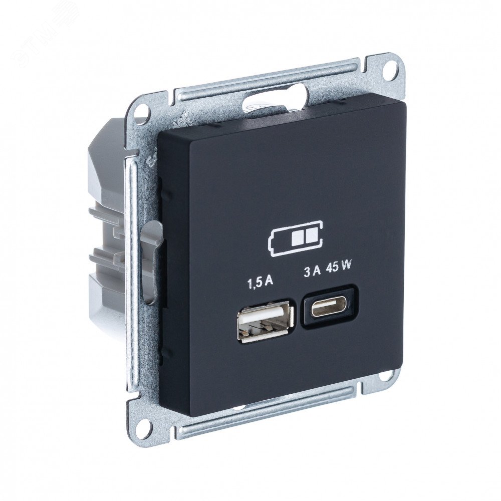 ATLASDESIGN USB РОЗЕТКА A + тип-C 45W высокоскор.заряд. QC, PD, механизм, КАРБОН ATN001029 Systeme Electric - превью 2