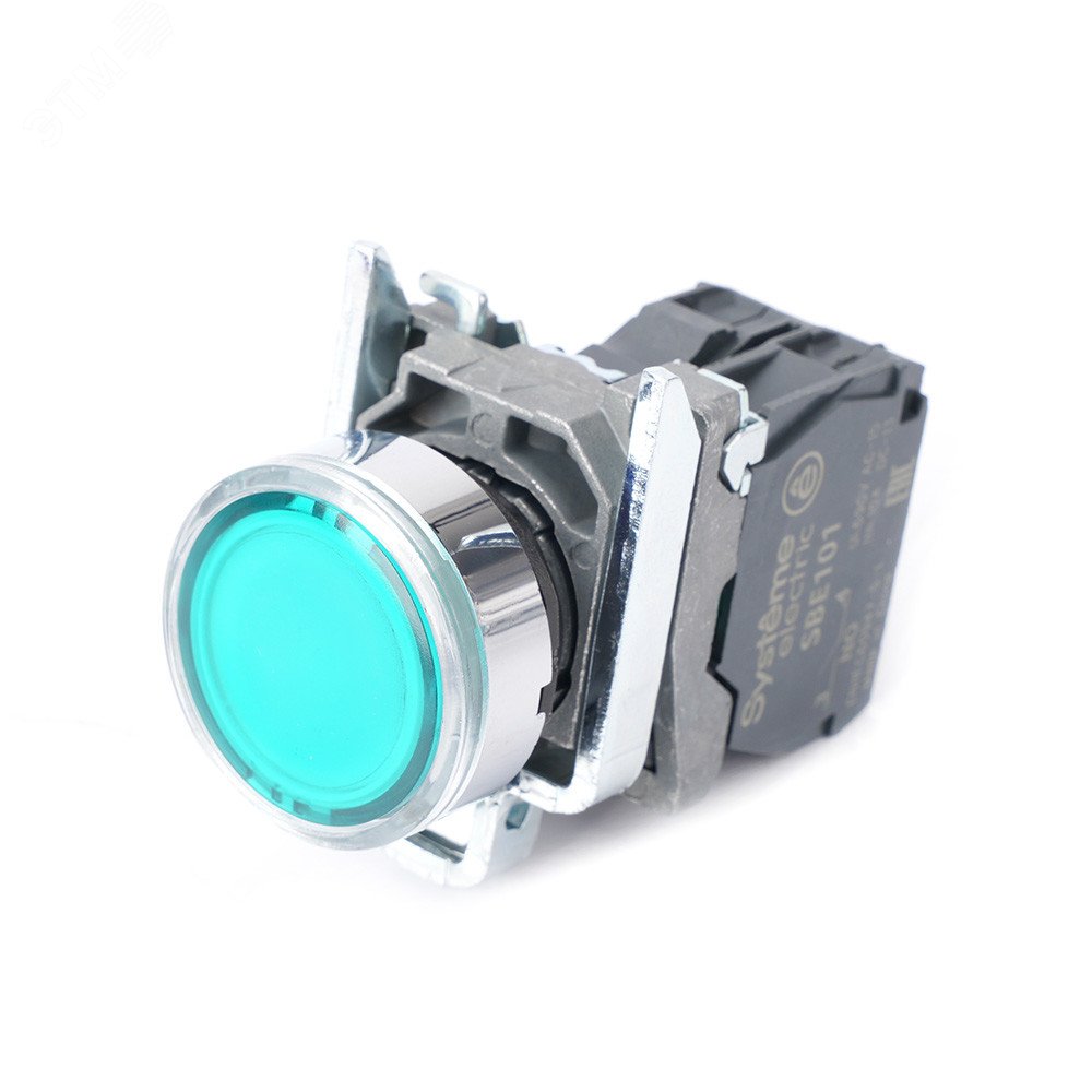 Изображение товара Кнопка SB4 с подсветкой в сборе 22мм зеленая металл 230-240В AC