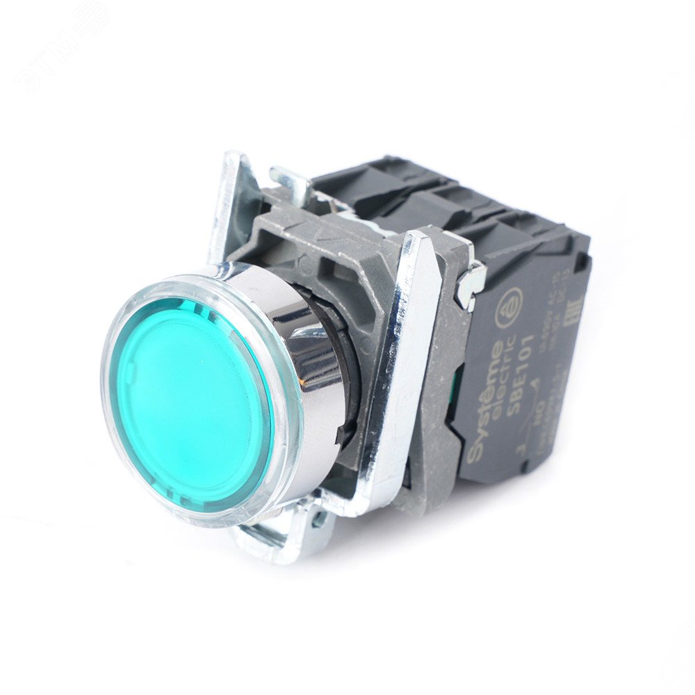 Изображение товара Кнопка SB4 с подсветкой модульная зеленая металлическая 22 мм 220-240В AC