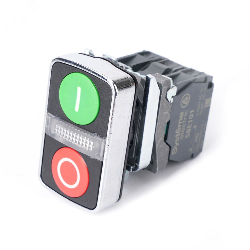 Изображение товара Кнопка SB4 двойн в сборе модуль 22мм за+сигн лампа+кр О металл 24В DC 1НО+1НЗ (шт)