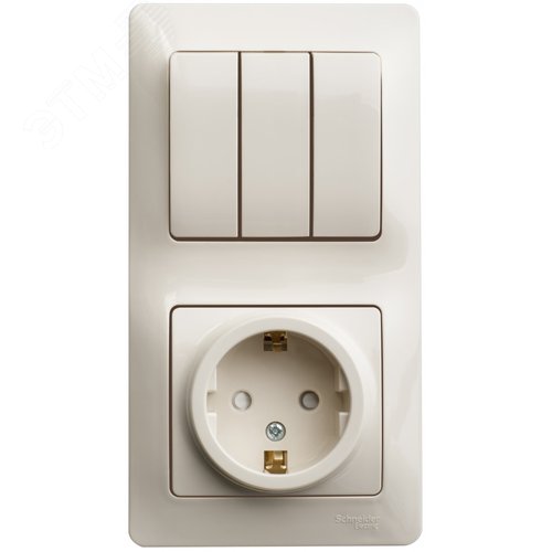 Блок: розетка с заземлением со шторками + выключатель трехклавишный бежевый - фото 4