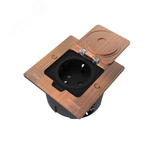 Лючок MultiDeS с розеткой 2К+З 16А/250В IP44 с монтажной коробкой для стены фальшпола стола Медь тип MDK21 - фото 1