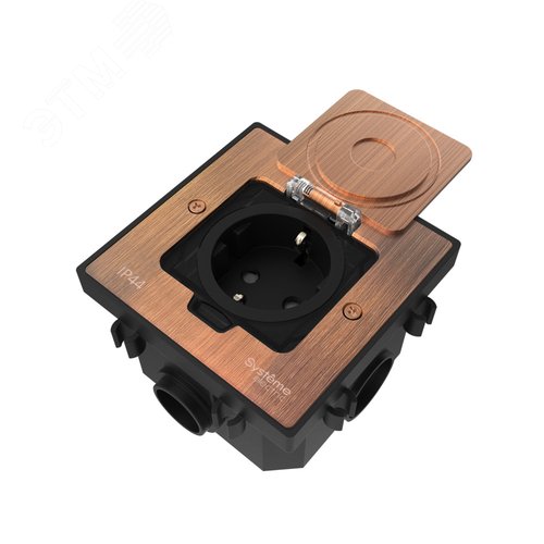 Изображение товара Лючок MultiDeS с розеткой 2К+З 16А/250В IP44 с монтажной коробкой для бетонных полов Медь тип MDK21 (шт)