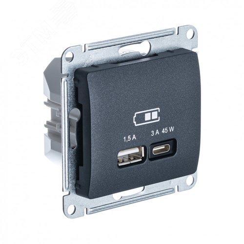 GLOSSA USB РОЗЕТКА A + тип-C 45W высокоскор.заряд. QC, PD, механизм, АНТРАЦИТ - фото 1