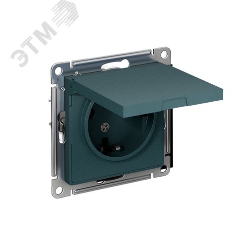 Розетка ATLASDESIGN с заземлением со шторками с крышкой 16А IP20 механизм изумруд - фото 1