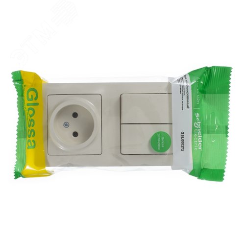 Блок: розетка + выключатель двухклавишный бежевый - фото 3