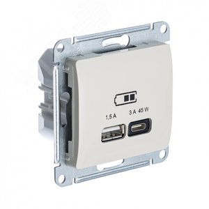 GLOSSA USB РОЗЕТКА A + тип-C 45W высокоскор.заряд. QC, PD, механизм, МОЛОЧНЫЙ